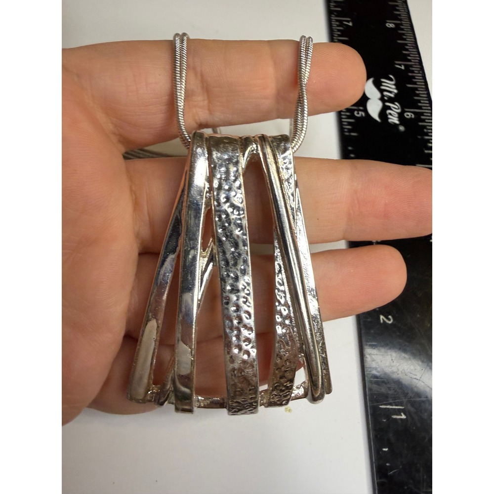 Silver Tone Geometric Hammered Cage Pendant Triple Snake Chain Necklace